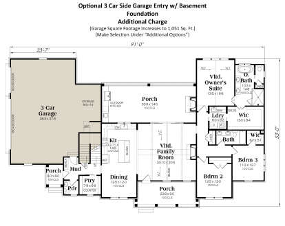 Optional 3 Car Side Garage w/ Basement Foundation for House Plan #009-00405
