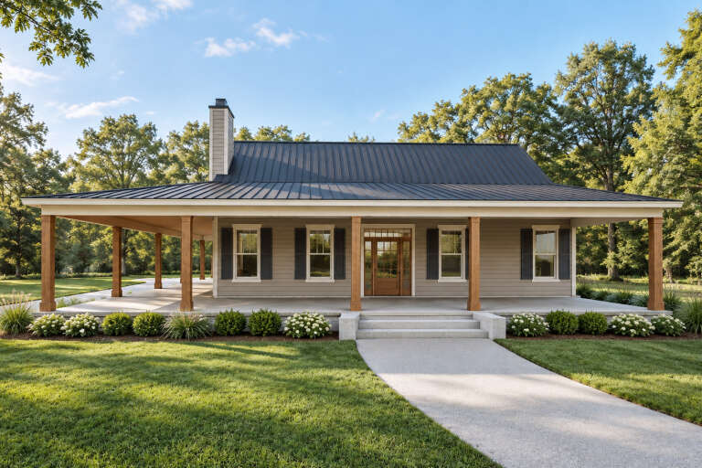 Front view of a tan Country house, metal roof, wrap-around porch, wood posts, dark shutters, and manicured landscaping. House Plan # 1070-00314