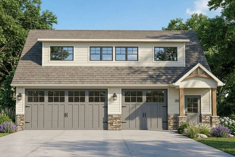 Beige Craftsman Front Elevation, stone base, grey carriage doors, shed dormer, lantern lights, and lush landscaping. House Plan # 5032-00280 Digital Rendering by America's Best House Plans, Inc.