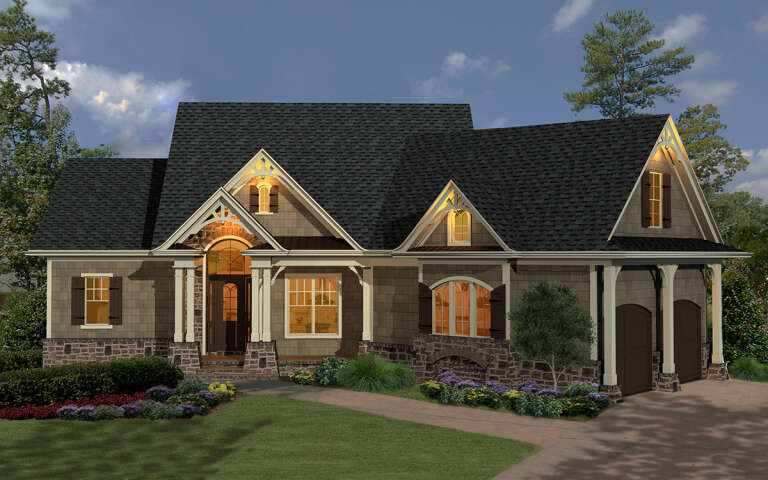 House Plan House Plan #31647 Angled Front Elevation at Dusk