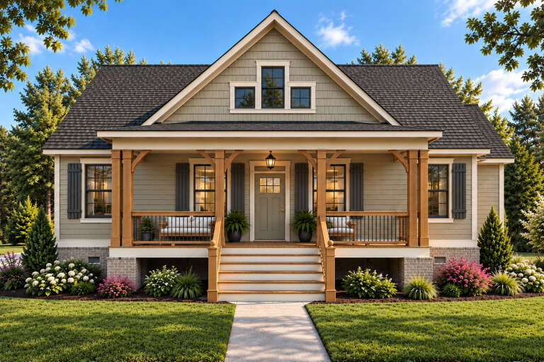Sage Green Craftsman, Front Elevation with wood porch, stone base, dark shutters, lantern lighting, and lush landscaping. House Plan # 1070-00322 Digital Rendering by America's Best House Plans, Inc.