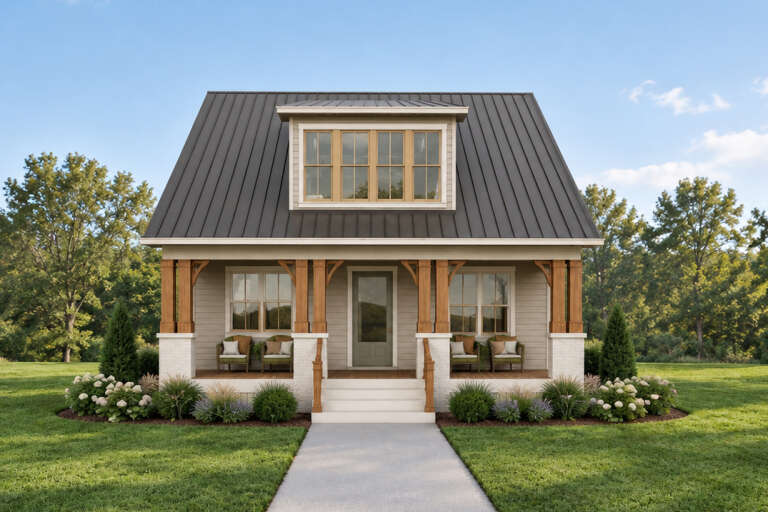 Front view of a beige Cottage house, metal roof, dormer, wood porch columns, white brick base, and lush landscaping. House Plan # 1070-00331
