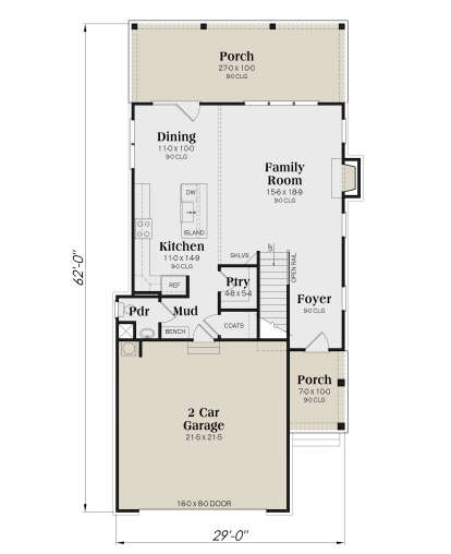 Main floor with 2-car garage, kitchen, family room, dining, mudroom, powder room, pantry, and covered porch. House Plan # 009-00411 Main Floor Floor Plan Drawing by America's Best House Plans, Inc.