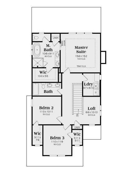 Second floor with master suite, 2 beds, shared bath, loft, laundry, and WICs. House Plan # 009-00411 Second Floor Floor Plan Drawing by America's Best House Plans, Inc.