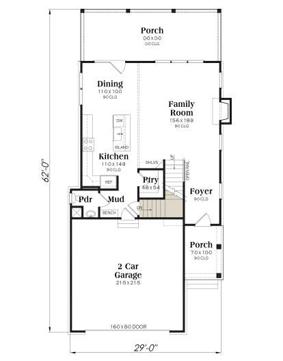 Main floor with 2-car garage, kitchen, family room, dining, mudroom, powder room, pantry, and basement stairs. House Plan # 009-00411 Main Floor w/ Basement Stairs Location Floor Plan Drawing by America's Best House Plans, Inc.