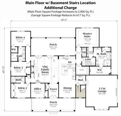 Main level with 4BR, 3BA, family room, kitchen, office, 2 porches, basement stairs, and 2-car garage. House Plan # 009-00412 Main Floor w/ Basement Stairs Location Floor Plan Drawing by America's Best House Plans, Inc.
