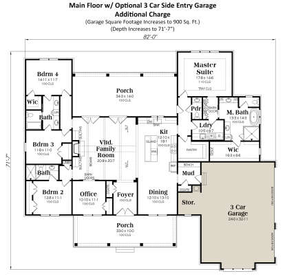 4BR, 3BA main level with family room, kitchen, office, 2 porches, WIC, mudroom, and 3-car garage. House Plan # 009-00412 Main Floor w/ Optional 3 Car Garage Floor Plan Drawing by America's Best House Plans, Inc.