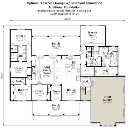 Basement foundation with 4BR, 3BA, family room, kitchen, office, 2 porches, WIC, and 3-car garage. House Plan # 009-00412 Basement Foundation w/ Optional 3 Car Garage Floor Plan Drawing by America's Best House Plans, Inc.