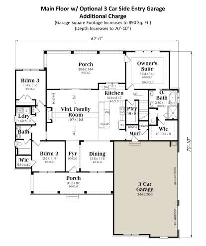 Main Floor w/ 3 Car Side Garage Option for House Plan #009-00413