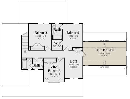 Second floor with 3 beds, 2 baths, loft, stairs, and optional bonus room. House Plan # 009-00414 Second Floor Floor Plan Drawing by America's Best House Plans, Inc.