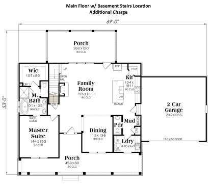 Main floor layout featuring basement stairs, Master Suite, family room, kitchen, mudroom, and 2-car garage. House Plan # 009-00414 Main Floor w/ Basement Stairs Location Floor Plan Drawing by America's Best House Plans, Inc.