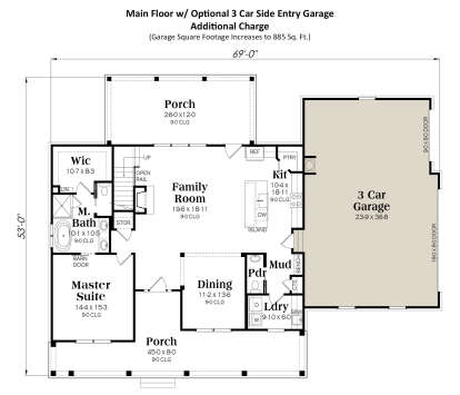 Main floor layout with optional 3-car garage, Master Suite, open family room, kitchen, and dining area. House Plan # 009-00414 Main Floor w/ Optional 3 Car Garage Floor Plan Drawing by America's Best House Plans, Inc.