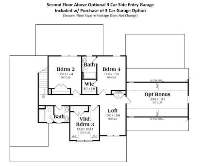 Second floor layout above optional 3-car garage with 3 beds, 2 baths, loft, and optional bonus room. House Plan # 009-00414 Second Floor Above Optional 3 Car Garage Floor Plan Drawing by America's Best House Plans, Inc.