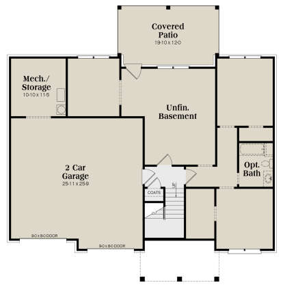 Lower level with 2-car garage, mech/storage, unfinished basement, optional bath, and covered patio. House Plan # 009-00416 Lower Floor Floor Plan Drawing by America's Best House Plans, Inc.