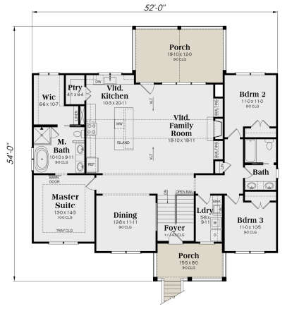 Main level with 3 beds, 2 baths, vaulted kitchen and family room, dining, laundry, and front/rear porches. House Plan # 009-00416 Main Floor Floor Plan Drawing by America's Best House Plans, Inc.