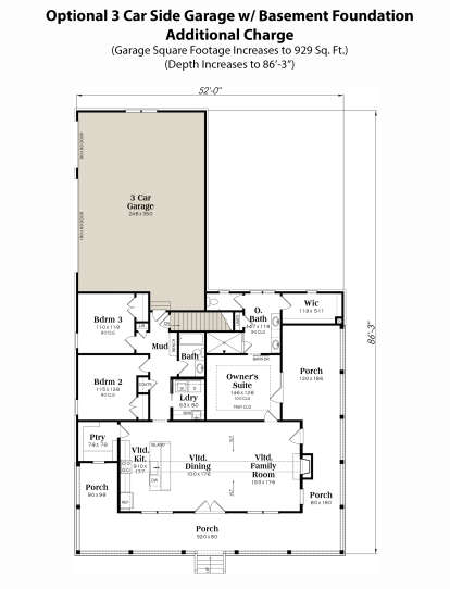 Optional 3 Car Side Garage w/ Basement Foundation for House Plan #009-00417