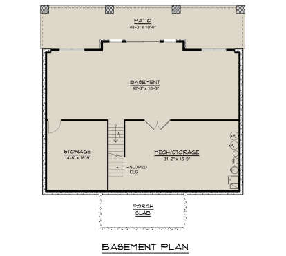 Basement: Open living area, storage room, mech/storage room, stairs with sloped ceiling, patio, and porch slab. House Plan # 5032-00315 Basement Floor Plan Drawing by America's Best House Plans, Inc.
