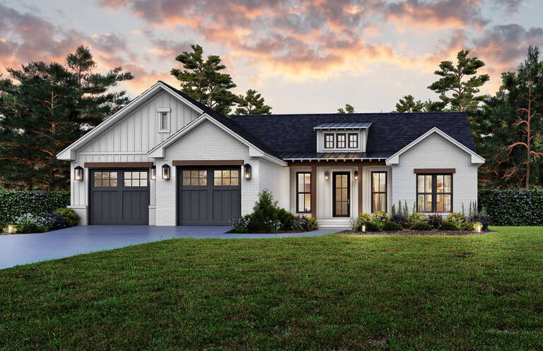 House Plan House Plan #31937 Angled Front Elevation at Dusk