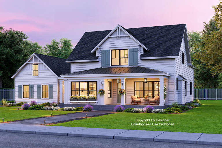 House Plan House Plan #31955 Angled Front Elevation at Dusk