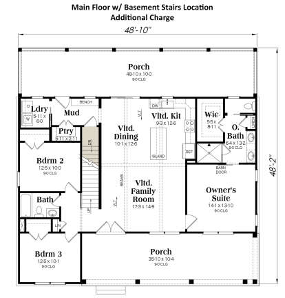 Main Floor w/ Basement Stairs Location for House Plan #009-00421