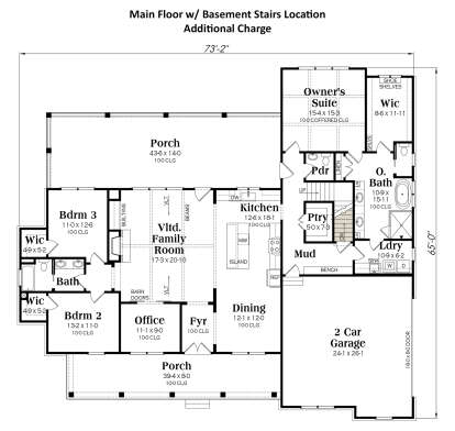 Main level with 3BR, 2.5BA, vaulted family room, kitchen island, office, mudroom, 2-car garage, and basement stairs. House Plan # 009-00422 Main Floor w/ Basement Stairs Location Floor Plan Drawing by America's Best House Plans, Inc.