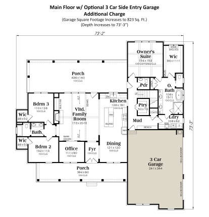 Main level with 3BR, 2.5BA, vaulted family room, kitchen island, office, mudroom, 3-car garage, and porches. House Plan # 009-00422 Main Floor w/ 3 Car Side Garage Option Floor Plan Drawing by America's Best House Plans, Inc.
