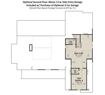 Optional upper level above 3-car garage with loft, 1 bed, 1 bath, and WIC. House Plan # 009-00422 Second Floor w/ 3 Car Side Garage Option Floor Plan Drawing by America's Best House Plans, Inc.