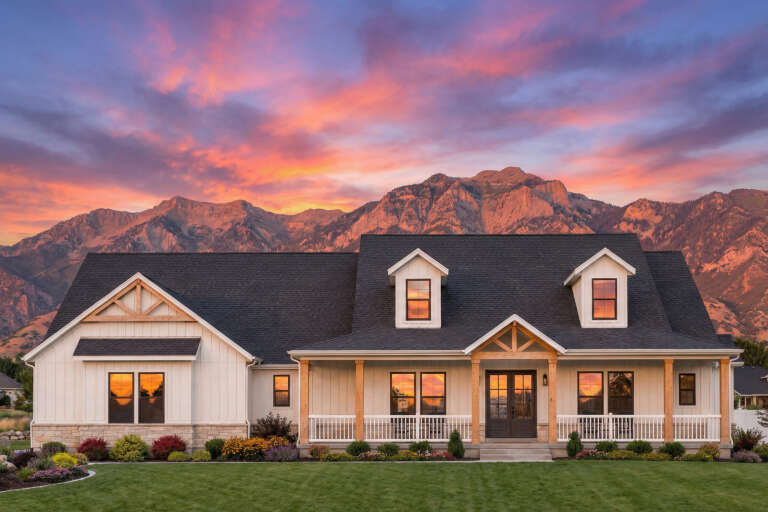 House Plan House Plan #32141 Front Elevation at Dusk
