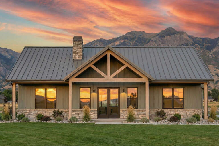 House Plan House Plan #32205 Front Elevation at Dusk