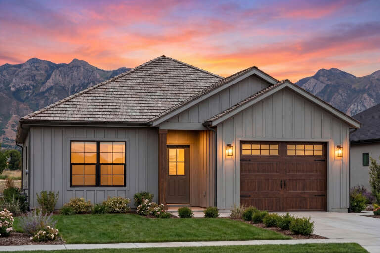 House Plan House Plan #32244 Angled Front Elevation at Dusk