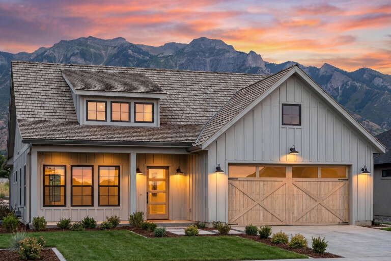 House Plan House Plan #32279 Angled Front Elevation at Dusk