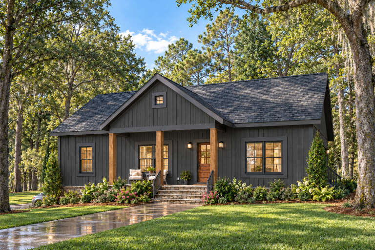 Front view of a dark gray house in Modern Farmhouse style, board-and-batten siding, wood posts, and stone porch. House Plan # 1776-00145