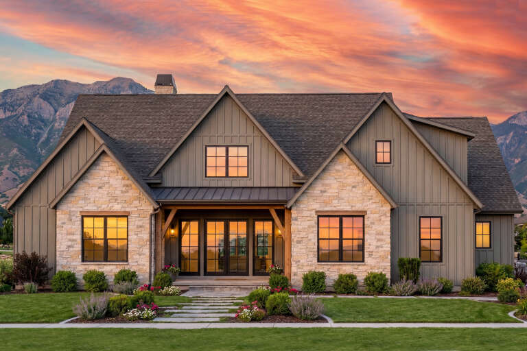 House Plan House Plan #32320 Front Elevation at Dusk