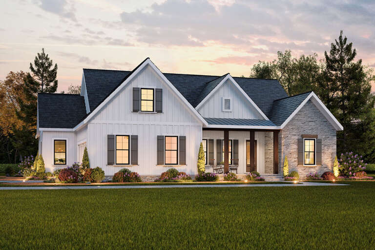 House Plan House Plan #32332 Angled Front Elevation at Dusk
