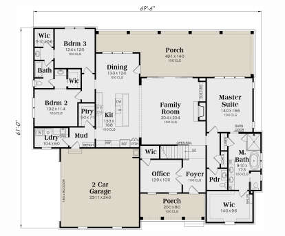 Main level with 3 beds, 2.5 baths, office, open kitchen/family room, mudroom, laundry, 2-car garage, and 2 porches. House Plan # 009-00427 Main Floor Floor Plan Drawing by America's Best House Plans, Inc.