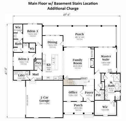 Main level with 3 beds, 2.5 baths, office, open kitchen/family room, mudroom, laundry, 2-car garage, and basement stairs. House Plan # 009-00427 Main Floor w/ Basement Stairs Location Floor Plan Drawing by America's Best House Plans, Inc.