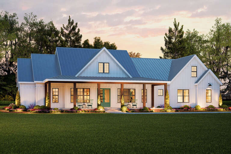 House Plan House Plan #32340 Angled Front Elevation at Dusk