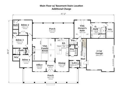 Main level with 3 beds, 2.5 baths, vaulted family room, kitchen, office, mudroom, 2-car garage, and basement stairs. House Plan # 009-00428 Main Floor w/ Basement Stairs Location Floor Plan Drawing by America's Best House Plans, Inc.