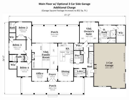 Main level with 3 beds, 2.5 baths, vaulted family room, kitchen, office, mudroom, 3-car side garage, and porches. House Plan # 009-00428 Main Floor w/ 3 Car Side Garage Option Floor Plan Drawing by America's Best House Plans, Inc.