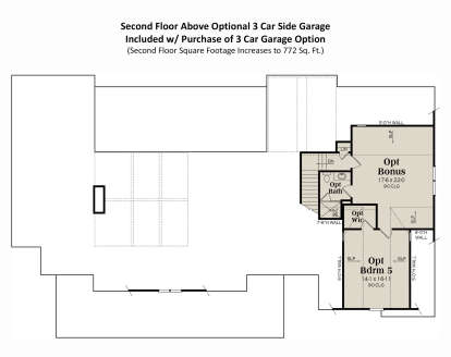 Upper level with optional bonus room, bath, bedroom, and walk-in closet above 3-car garage. House Plan # 009-00428 Second Floor w/ 3 Car Side Garage Option Floor Plan Drawing by America's Best House Plans, Inc.