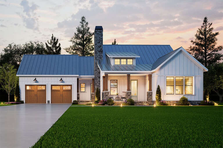 House Plan House Plan #32352 Angled Front Elevation at Dusk