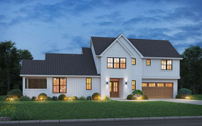 House Plan House Plan #32403 Angled Front Elevation at Dusk