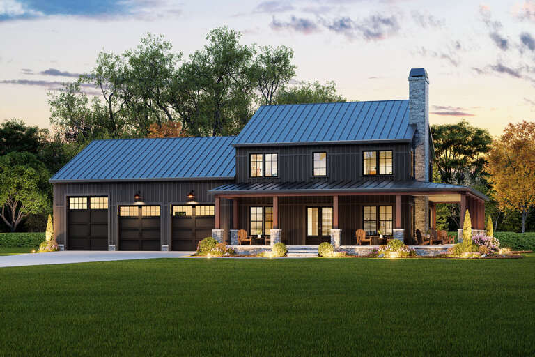 House Plan House Plan #32407 Angled Front Elevation at Dusk