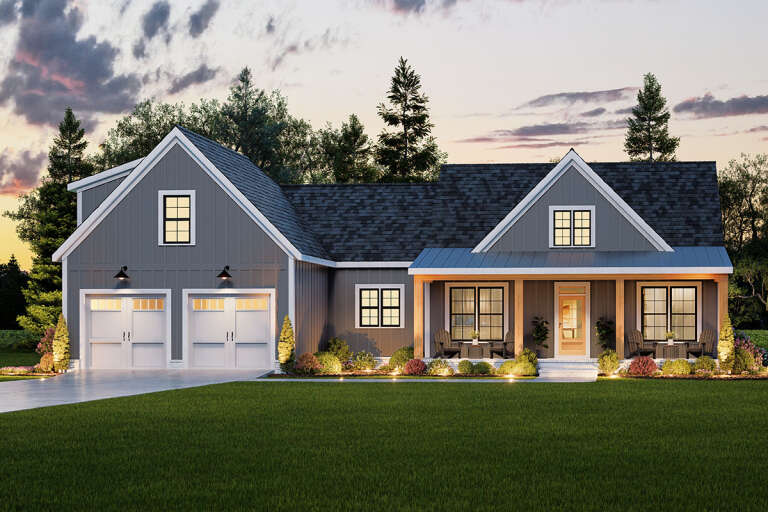 House Plan House Plan #32410 Angled Front Elevation at Dusk