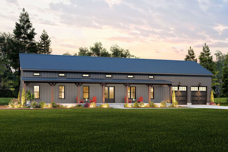 House Plan House Plan #32495 Angled Front Elevation at Dusk