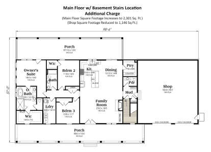 Main Floor w/ Basement Stairs Location for House Plan #009-00432