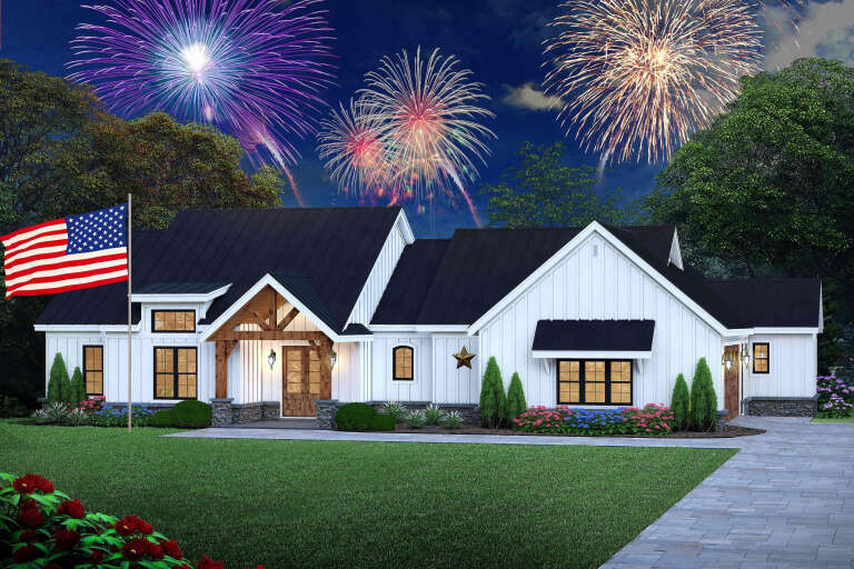 White Modern Farmhouse, Angled Front Elevation with fireworks, board-and-batten siding, stone base, and wood accents. House Plan # 940-01247 Digital Rendering by America's Best House Plans, Inc.