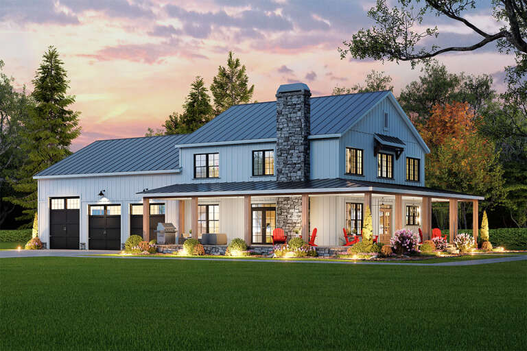 House Plan House Plan #32528 Angled Front Elevation at Dusk