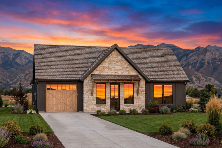 House Plan House Plan #32533 Angled Front Elevation at Dusk