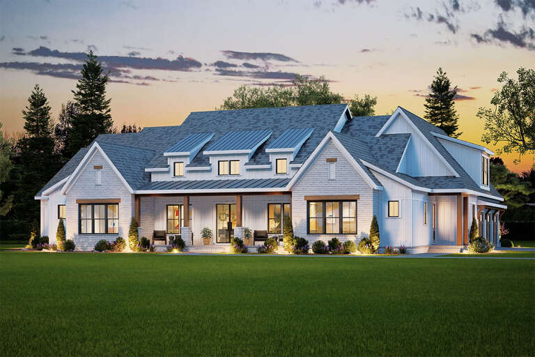 House Plan House Plan #32573 Angled Front Elevation at Dusk